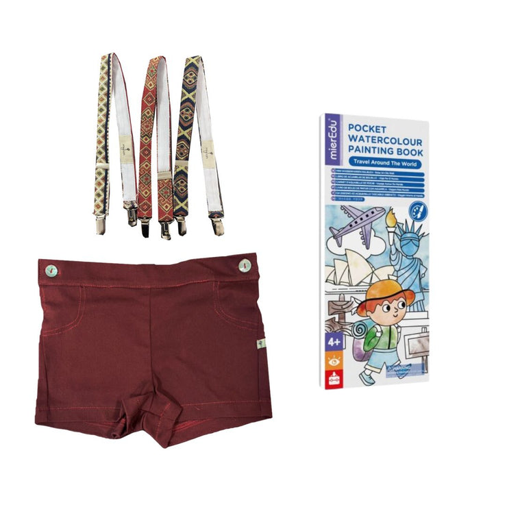 PACK 13 ( 2-5 años) pantalon burdeos+ tirantes + libro acuarela