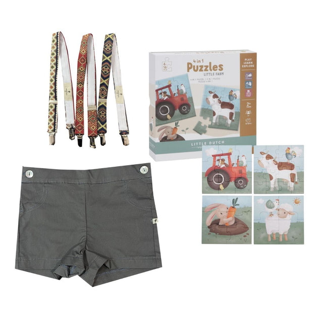 PACK 14 ( 2-5 años) NIÑO pantalón gris + tirantes + puzzle